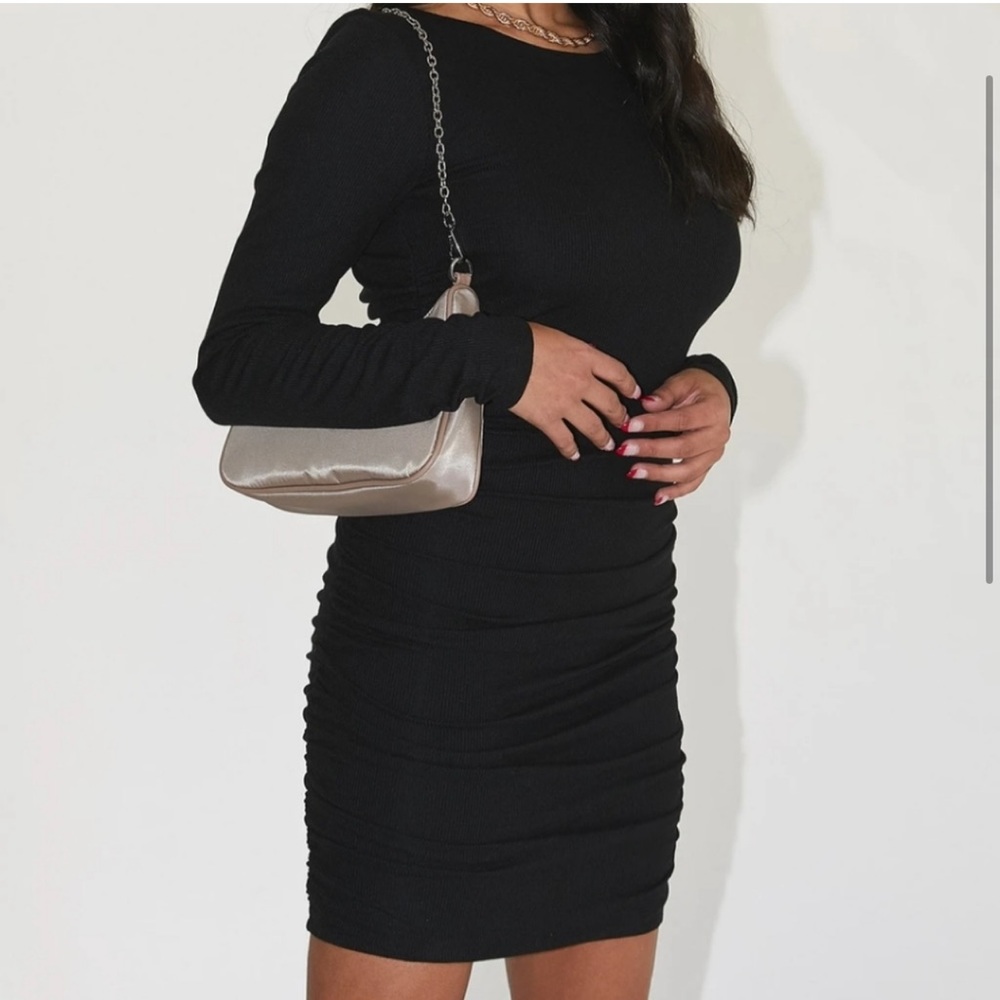 Princess Polly Newton Black Strappy Cutout Back Long Sleeve Ruched Mini Dress - Picture 2 of 13